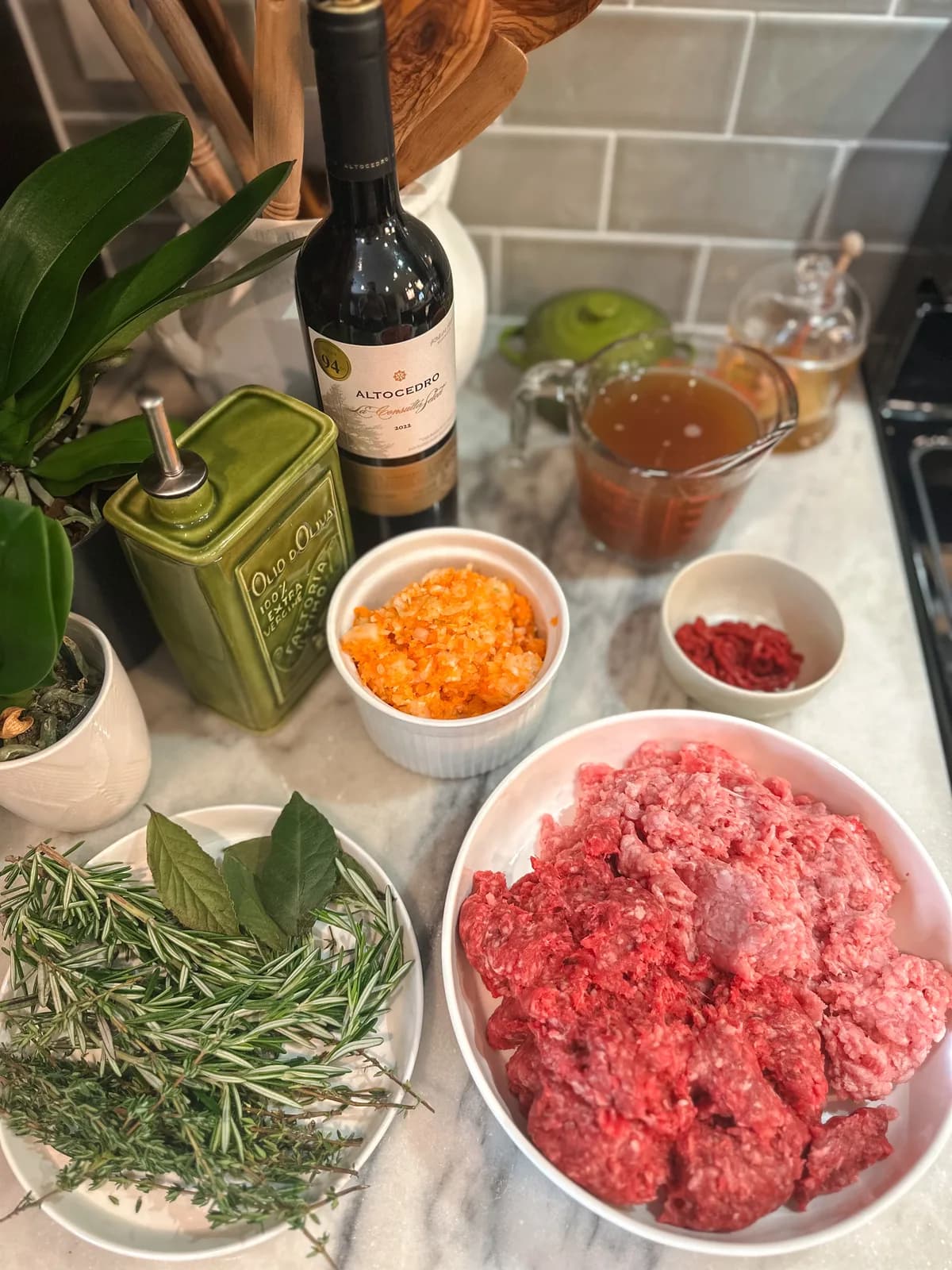 Ingredients for meatballs measured and ready to combine